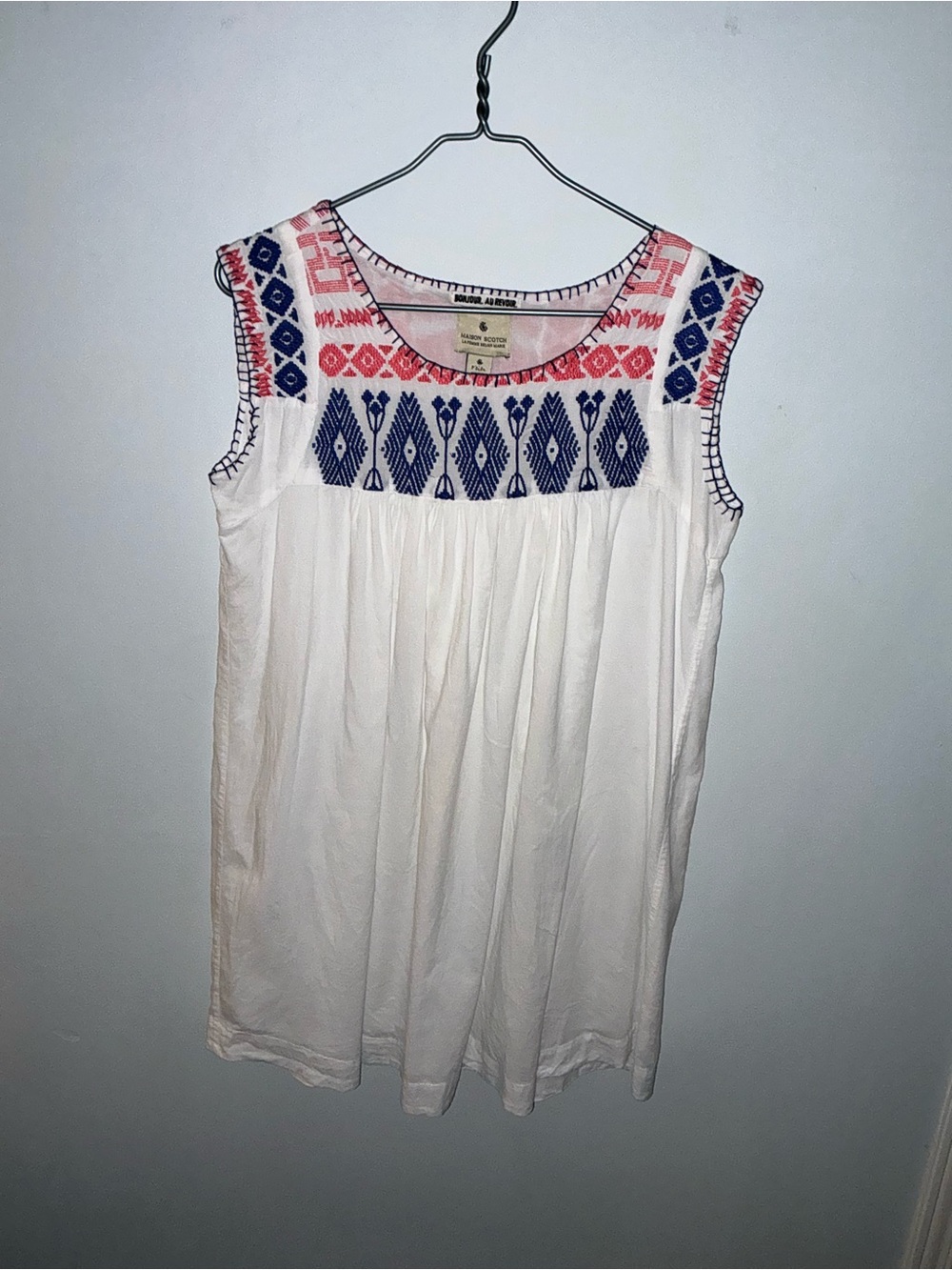 Maison Scotch White Sleeveless Mini Dress with Blue and Red Embroidery
